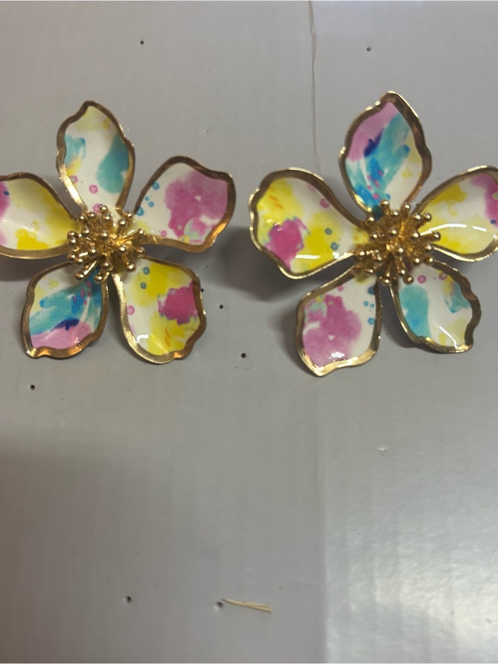 Floral Pink and Yellow Gold Enamel Flower Earrings - Women Accessories